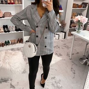 Preppy plaid double breasted oversized blazer jacket dark academia gray black